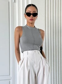 DAZY 高领缝线背心，返校服装 - 灰色 - 查看 5