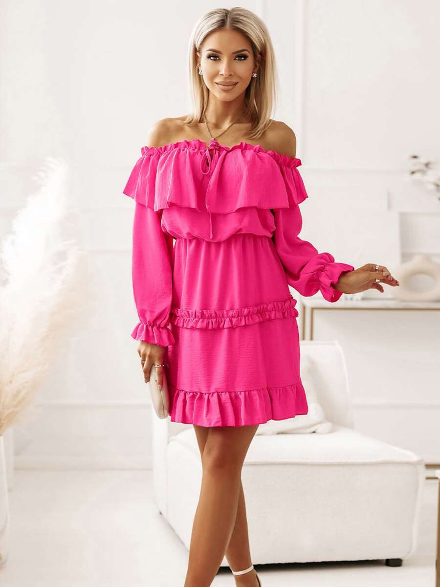 一字肩荷葉邊洋裝 - 玫紅色 - 查看 1