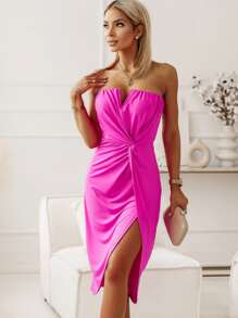 前扭結高衩抹胸洋裝 - 玫紅色 - 查看 1