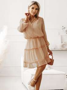 圓點燈籠袖褶邊洋裝 - 杏色 - 查看 1