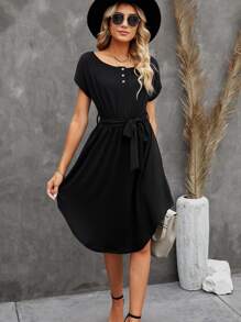 Solid Belted Curved Hem Dress - Black - View 1