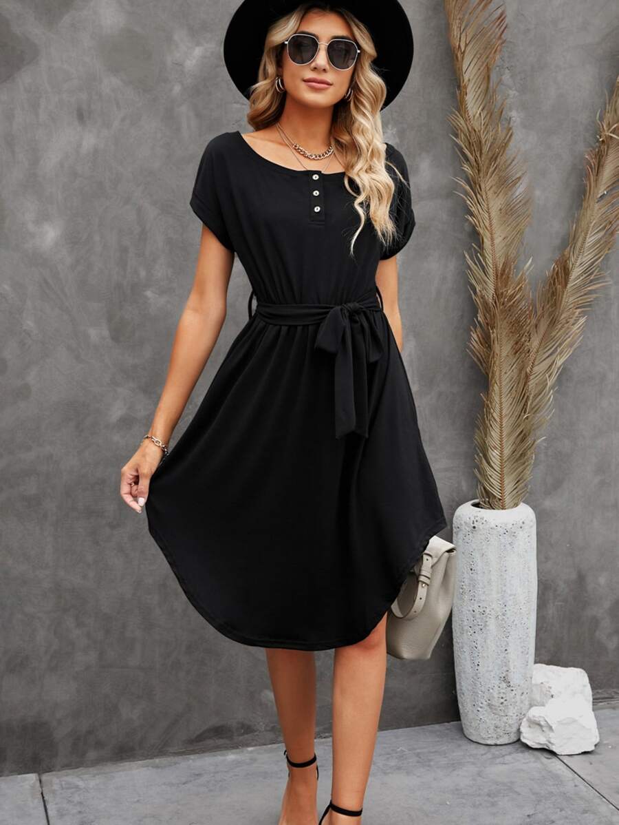 Solid Belted Curved Hem Dress - Black - View 1