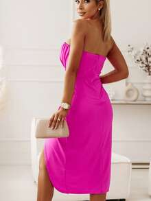 前扭結高衩抹胸洋裝 - 玫紅色 - 查看 2