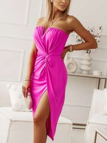 前扭結高衩抹胸洋裝 - 玫紅色 - 查看 3