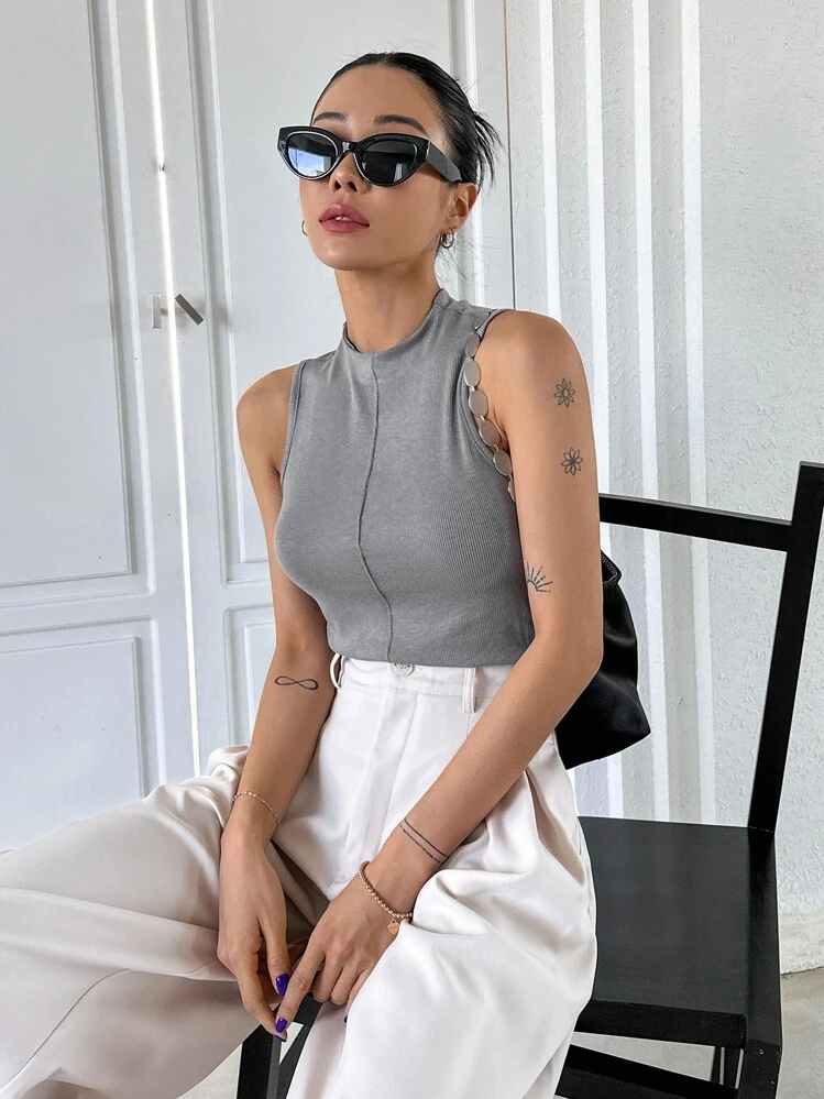 DAZY 高领缝线背心，返校服装 - 灰色 - 查看 8