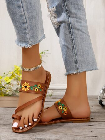 Women Floral Embroidered Thong Sandals