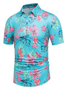 NITAGUT Áo thun có cổ Nam Nút phía trước Nhiệt đới Giải trí - Màu xanh bạc hà - Xem 1