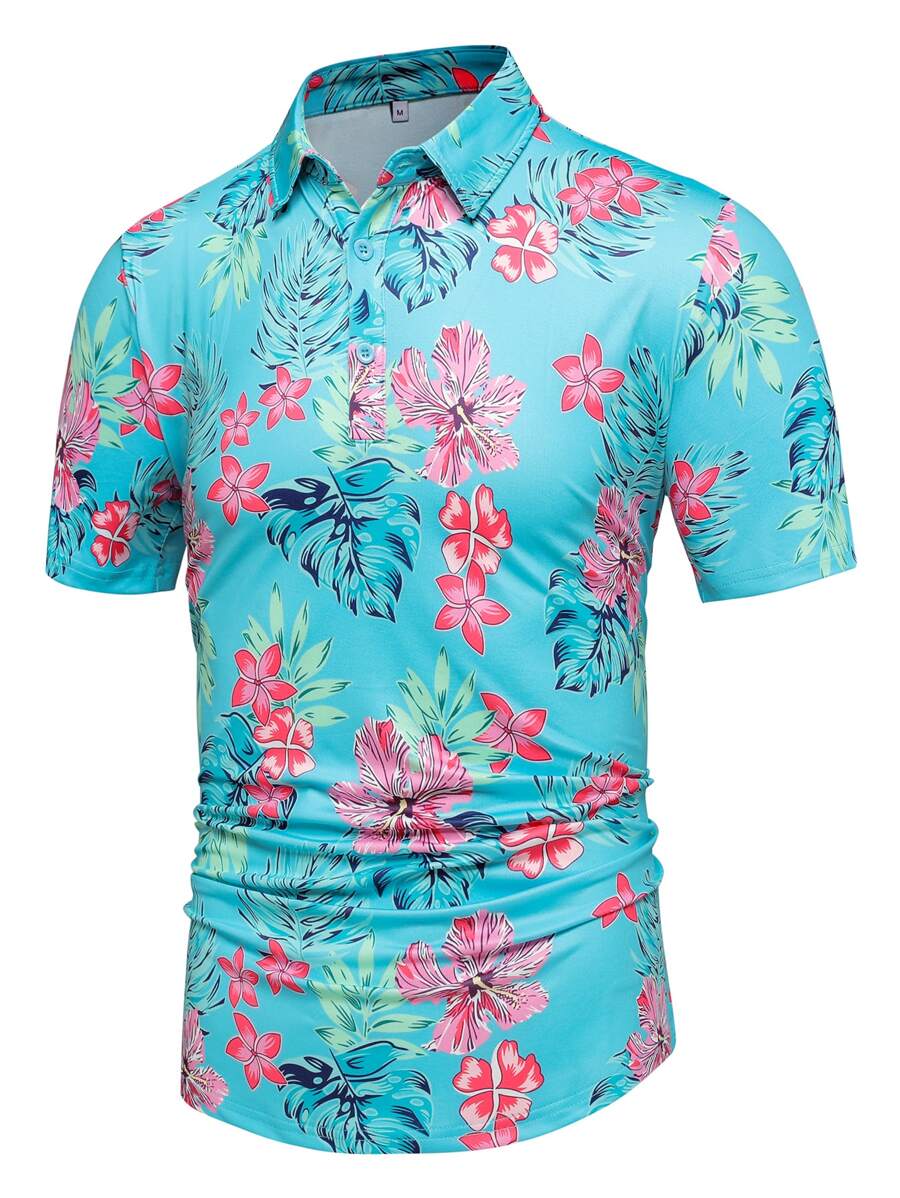 NITAGUT Áo thun có cổ Nam Nút phía trước Nhiệt đới Giải trí - Màu xanh bạc hà - Xem 1