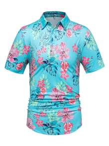 NITAGUT Áo thun có cổ Nam Nút phía trước Nhiệt đới Giải trí - Màu xanh bạc hà - Xem 3