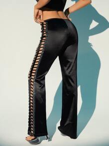 SHEIN X KeniaOs SHEIN ICON Cut Out Side Satin Flare Leg Pants - Black - View 5