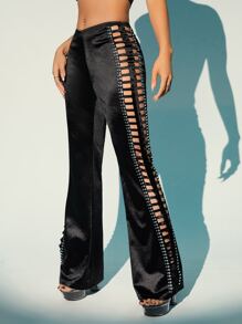 SHEIN X KeniaOs SHEIN ICON Cut Out Side Satin Flare Leg Pants - Black - View 7