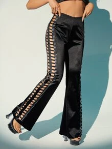 SHEIN X KeniaOs SHEIN ICON Cut Out Side Satin Flare Leg Pants - Black - View 2