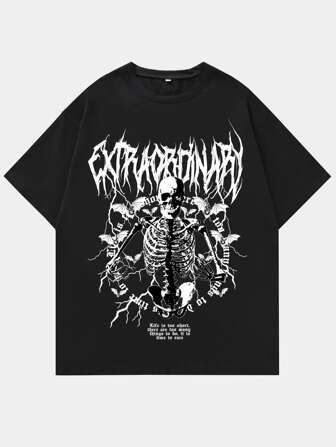 T-shirt imprimé squelette Y2K pour hommes, pour Halloween, école