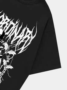 ROMWE MEN 男式骷髅印花 Y2k T 恤，适合万圣节、学校 - 黑色 - 查看 3