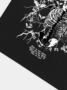 ROMWE MEN 男式骷髅印花 Y2k T 恤，适合万圣节、学校 - 黑色 - 查看 4