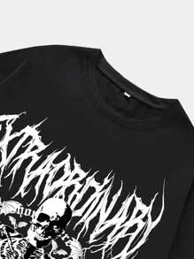 ROMWE MEN 男式骷髅印花 Y2k T 恤，适合万圣节、学校 - 黑色 - 查看 5