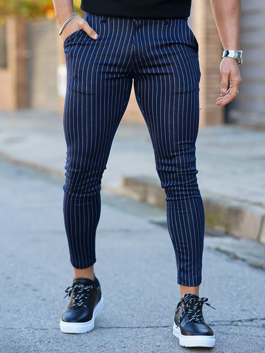 Men Striped Patched Trousers - Navy Blue - View 1
