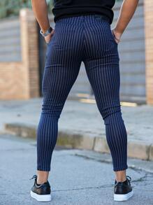 Men Striped Patched Trousers - Navy Blue - View 2