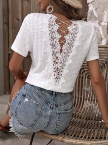 SHEIN Clasi Contrast Lace Criss Cross Back Tee - White - View 1
