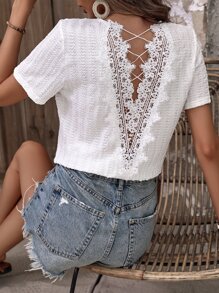 SHEIN Clasi Contrast Lace Criss Cross Back Tee - White - View 5