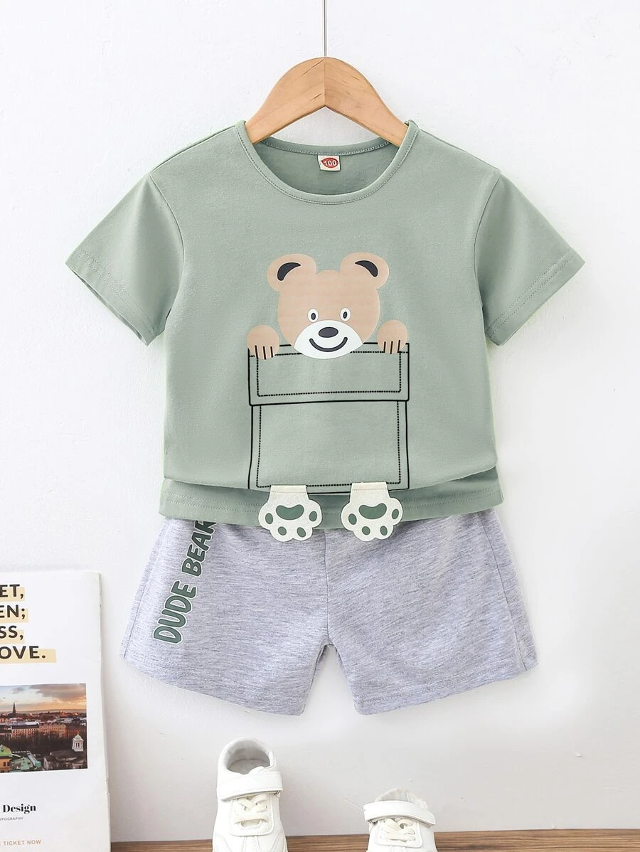 SHEIN Toddler Boys Cartoon Graphic 3D Patched Tee & Shorts - Multicolor - View 1