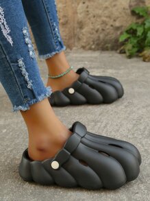 女士透氣鏤空木底鞋時尚黑色EVA透氣木底鞋適合室內和室外