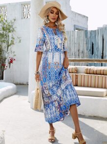 All Over Geo Print Tie Neck Flounce Sleeve Ruffle Hem Dress - Blue - View 1