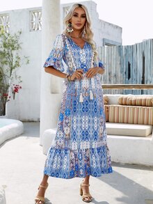 All Over Geo Print Tie Neck Flounce Sleeve Ruffle Hem Dress - Blue - View 5