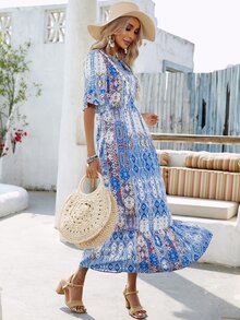 All Over Geo Print Tie Neck Flounce Sleeve Ruffle Hem Dress - Blue - View 6