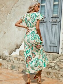Đầm Thắt lưng Xù Hoa Tất cả trên in Boho - màu xanh lá - Xem 2
