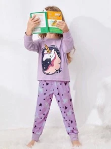 Toddler Girls Unicorn And Heart Print PJ Set - Lilac Purple - View 4
