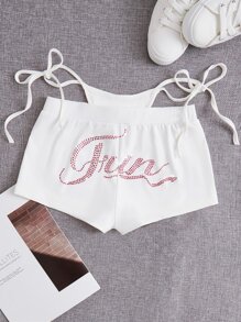 SHEIN ICON Rhinestone Letter Graphic Cut Out Waist Shorts - White - View 1
