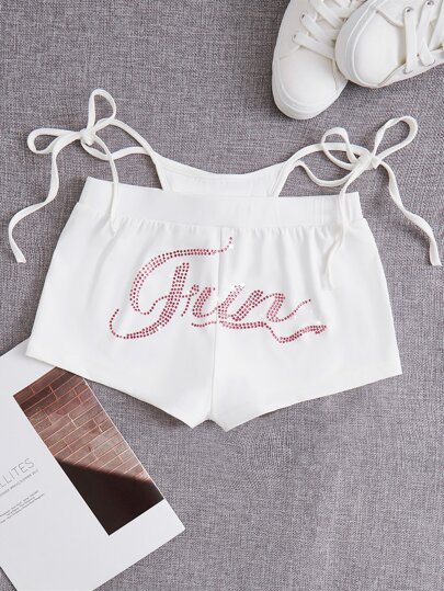 SHEIN ICON 水鑽字母圖案腰部鏤空短褲