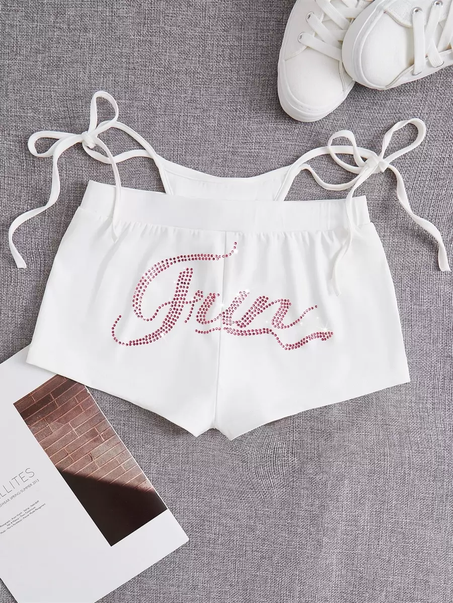 SHEIN ICON Rhinestone Letter Graphic Cut Out Waist Shorts - White - View 1