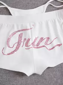 SHEIN ICON Rhinestone Letter Graphic Cut Out Waist Shorts - White - View 5