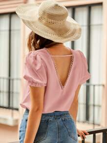 SHEIN VCAY Cut Out Back Puff Sleeve Guipure Lace Trim Blouse - Dusty Pink - View 1