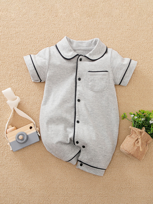 Yierying Baby Boy Contrast Piping Pocket Patched Sleep Shirt Jumpsuit