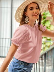 SHEIN VCAY Cut Out Back Puff Sleeve Guipure Lace Trim Blouse - Dusty Pink - View 4