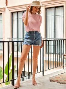 SHEIN VCAY Cut Out Back Puff Sleeve Guipure Lace Trim Blouse - Dusty Pink - View 6