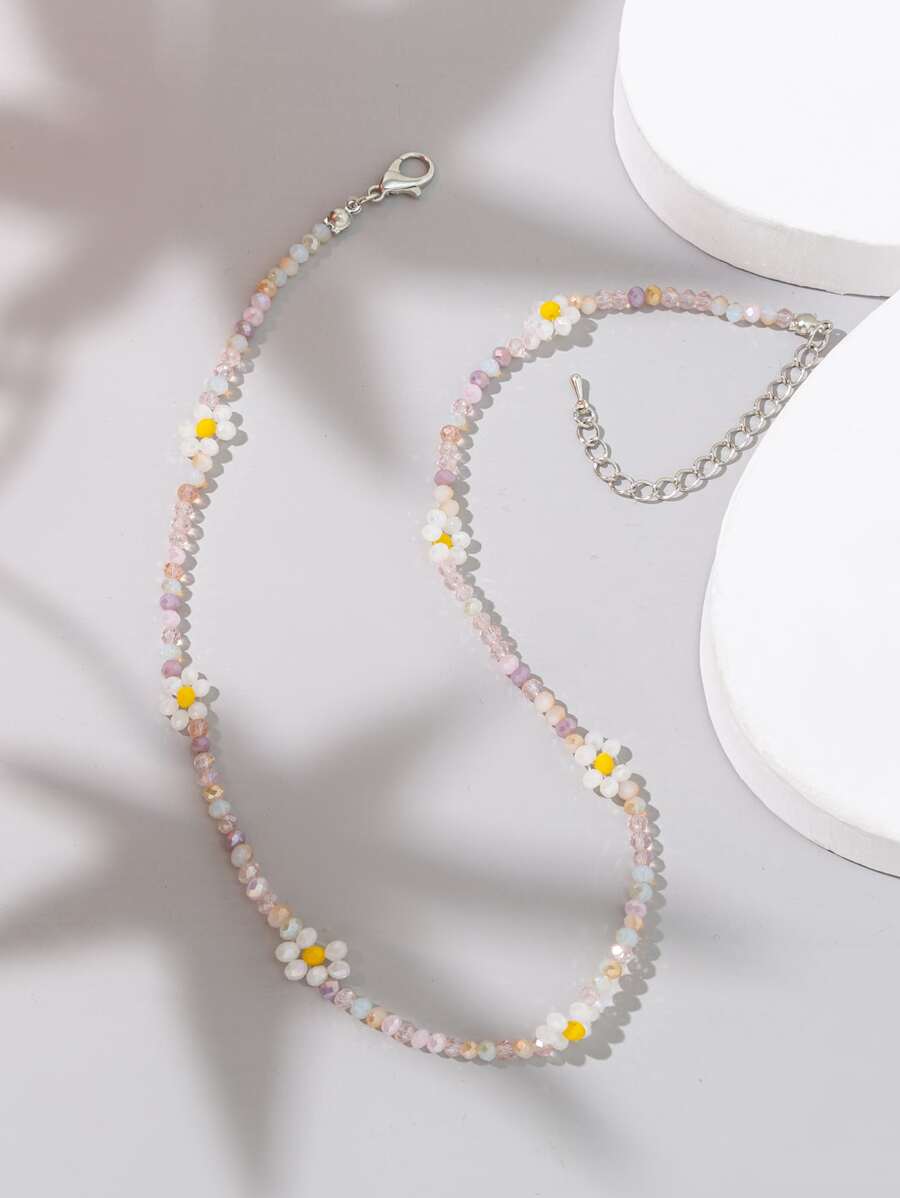 花朵裝飾串珠項鏈 - 彩色 - 查看 1