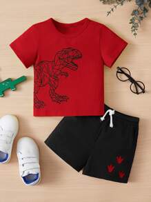 SHEIN 男嬰恐龍印花T恤和腰部抽繩短褲 - 紅色 - 查看 1