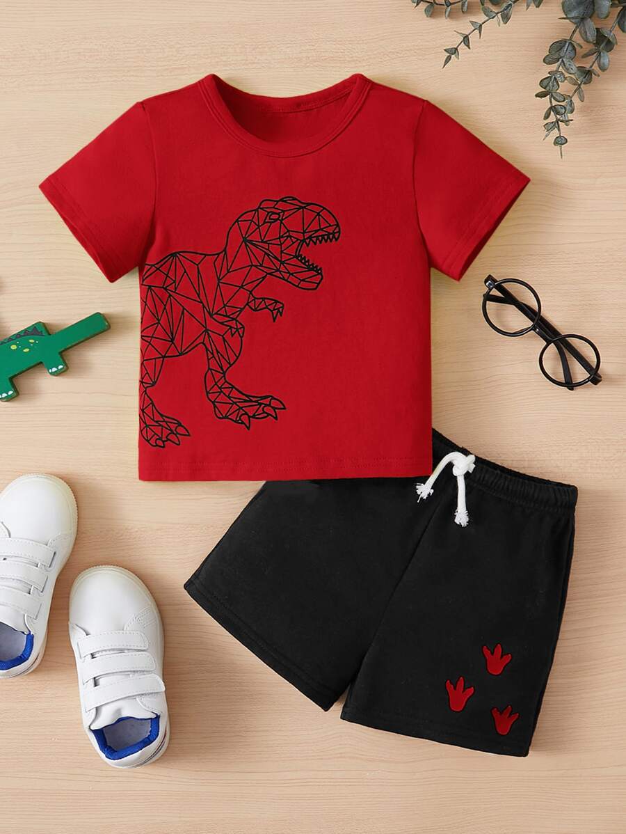 SHEIN 男嬰恐龍印花T恤和腰部抽繩短褲 - 紅色 - 查看 1
