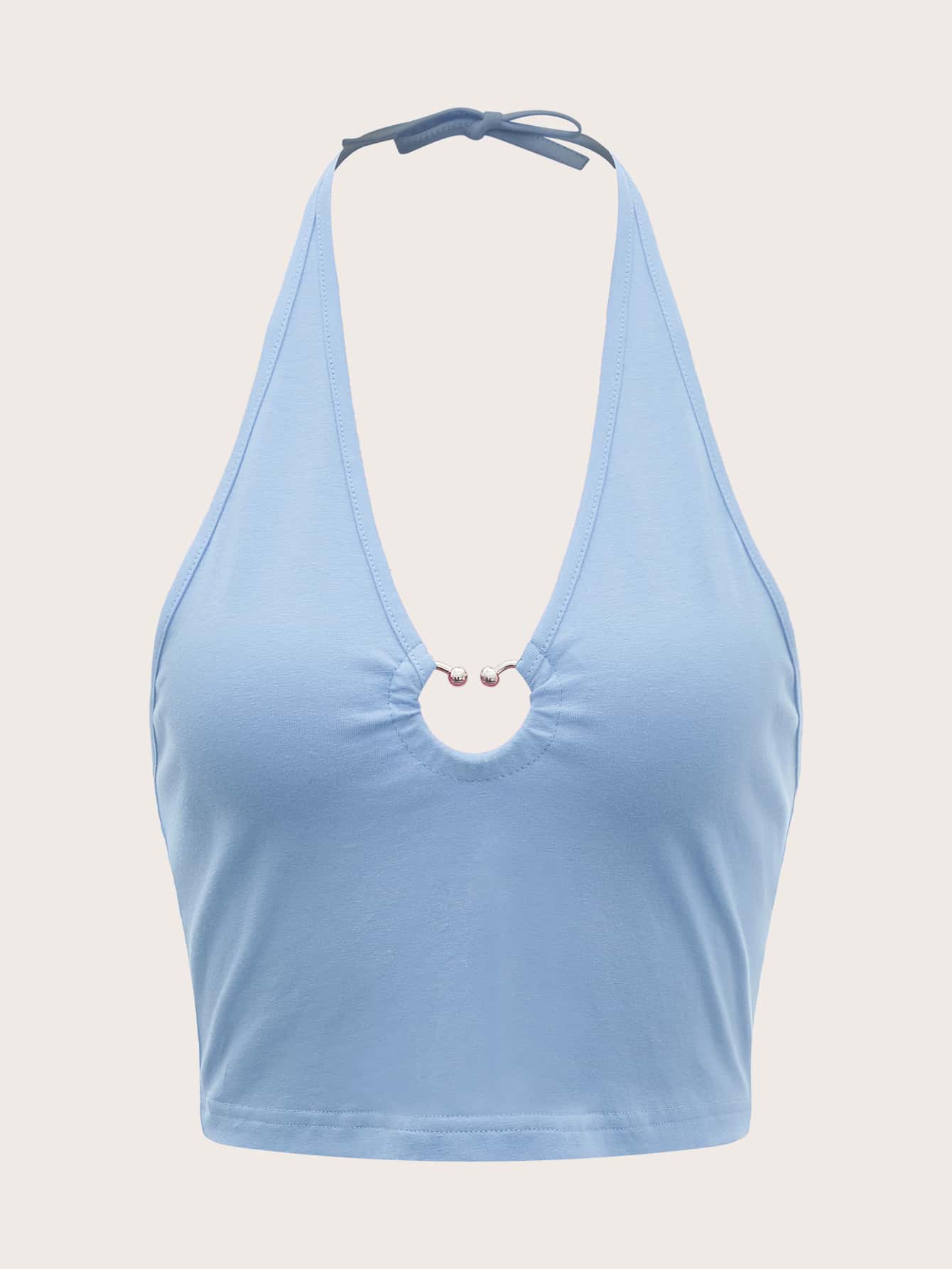 SHEIN ICON Solid Ring Decor Halter Top - Baby Blue - View 1