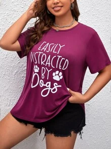 SHEIN Essnce 大碼標語圖案T恤 - 中紫紅色 - 查看 1