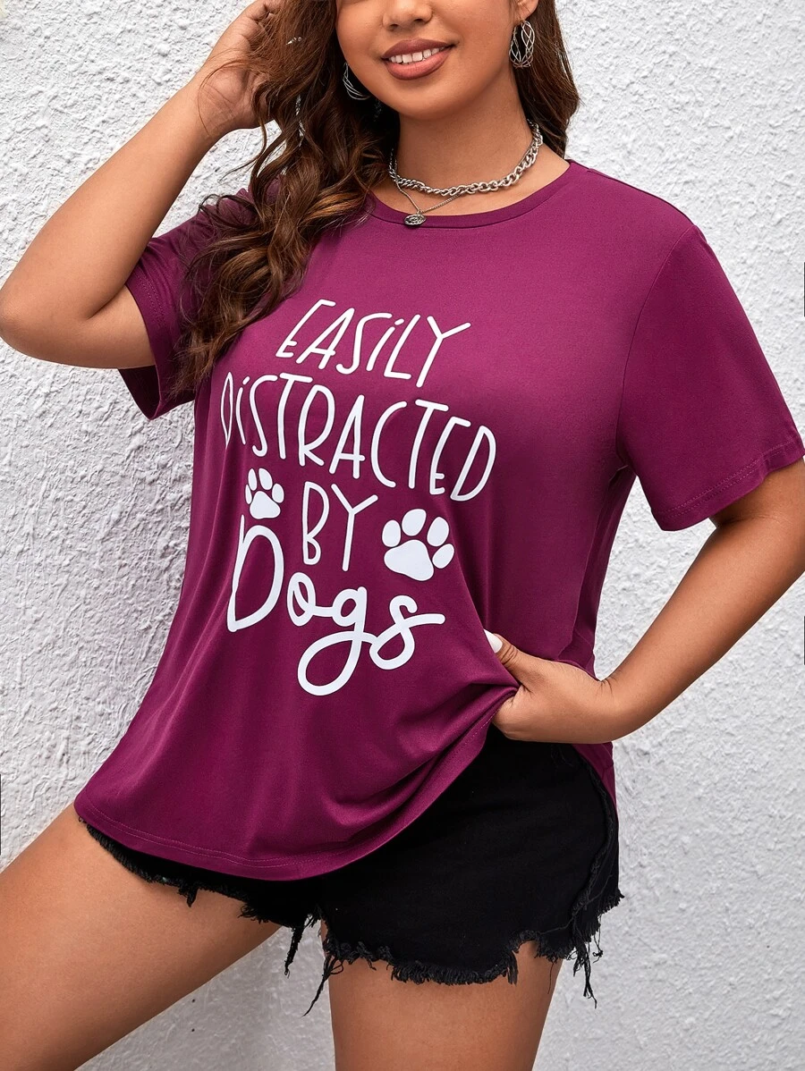 SHEIN Essnce 大碼標語圖案T恤 - 中紫紅色 - 查看 1