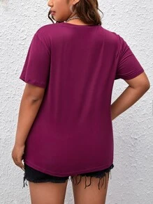 SHEIN Essnce 大碼標語圖案T恤 - 中紫紅色 - 查看 2