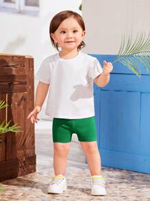 SHEIN Leap Crew Baby Slogan Graphic Tee & Shorts - Green - View 2