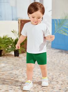 SHEIN Leap Crew Baby Slogan Graphic Tee & Shorts - Green - View 7