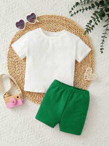 SHEIN Leap Crew Baby Slogan Graphic Tee & Shorts - Green - View 8