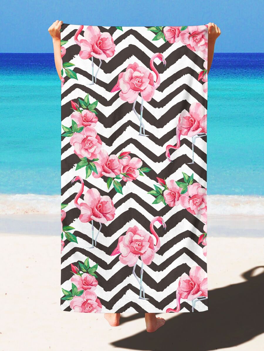 1pc Flower & Flamingo Pattern Beach Towel, Fiber Rectangle Travel Beach Towel For Swimming, Diving, Summer - Multicolor - View 1